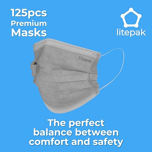 Miniatura 4 de Litepak Paquete de 125 mascarillas desechables de primera calidad con cintas elásticas para las orejas con caja dispensadora (gris)