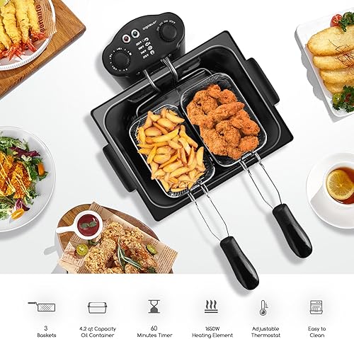 Miniatura 3 de Aigostar Freidora profunda con 3 cestas y tapa freidoras eléctricas de grasa profunda con temporizador y temperatura aceite de 42 cuartos de galón