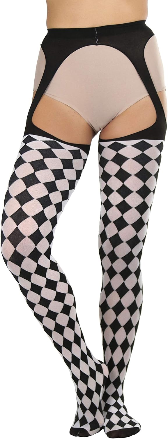 ToBeInStyle Women's Harlequin Checkered Diamond Optical Illusion Opaque Tights Pantyhose - Black & White