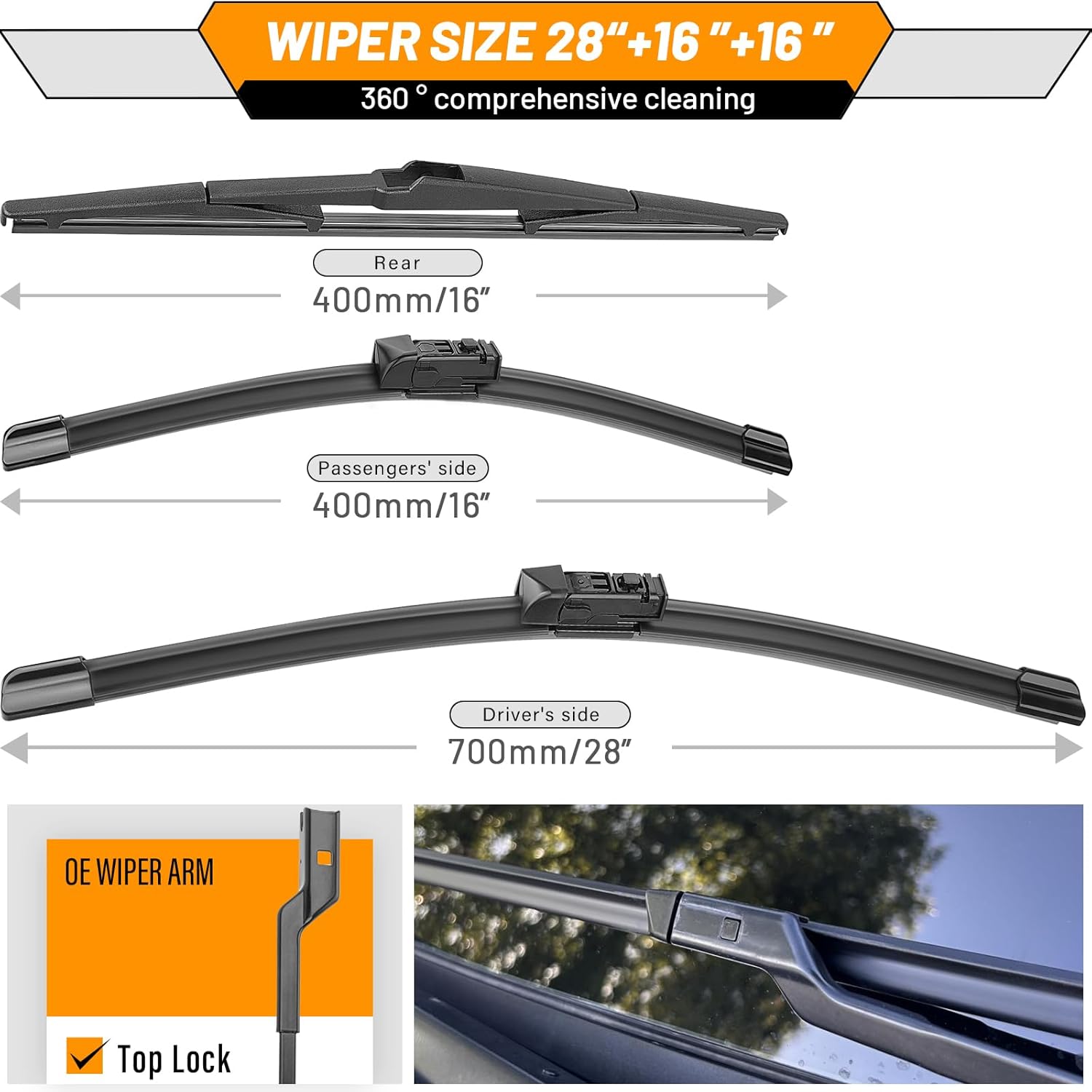 AUTOBOO 3-Pack Windshield Wiper Blades for Toyota Prius 2016-2023, Original Equipment Replacement 28"+16" Front and 16" Rear, All-Weather Performance, Easy One-Click Install