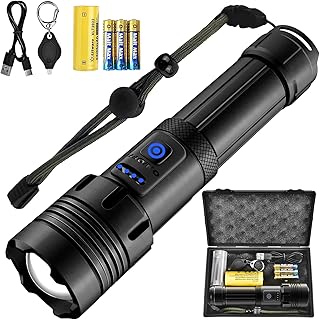 RISEMART Torches LED Super Bright, 10000 Lumens LED Torch Rechargeable, Powerful Torch with 5 Light Modes Tactical Flashlight for Camping, Hiking - with 26650 Battery
