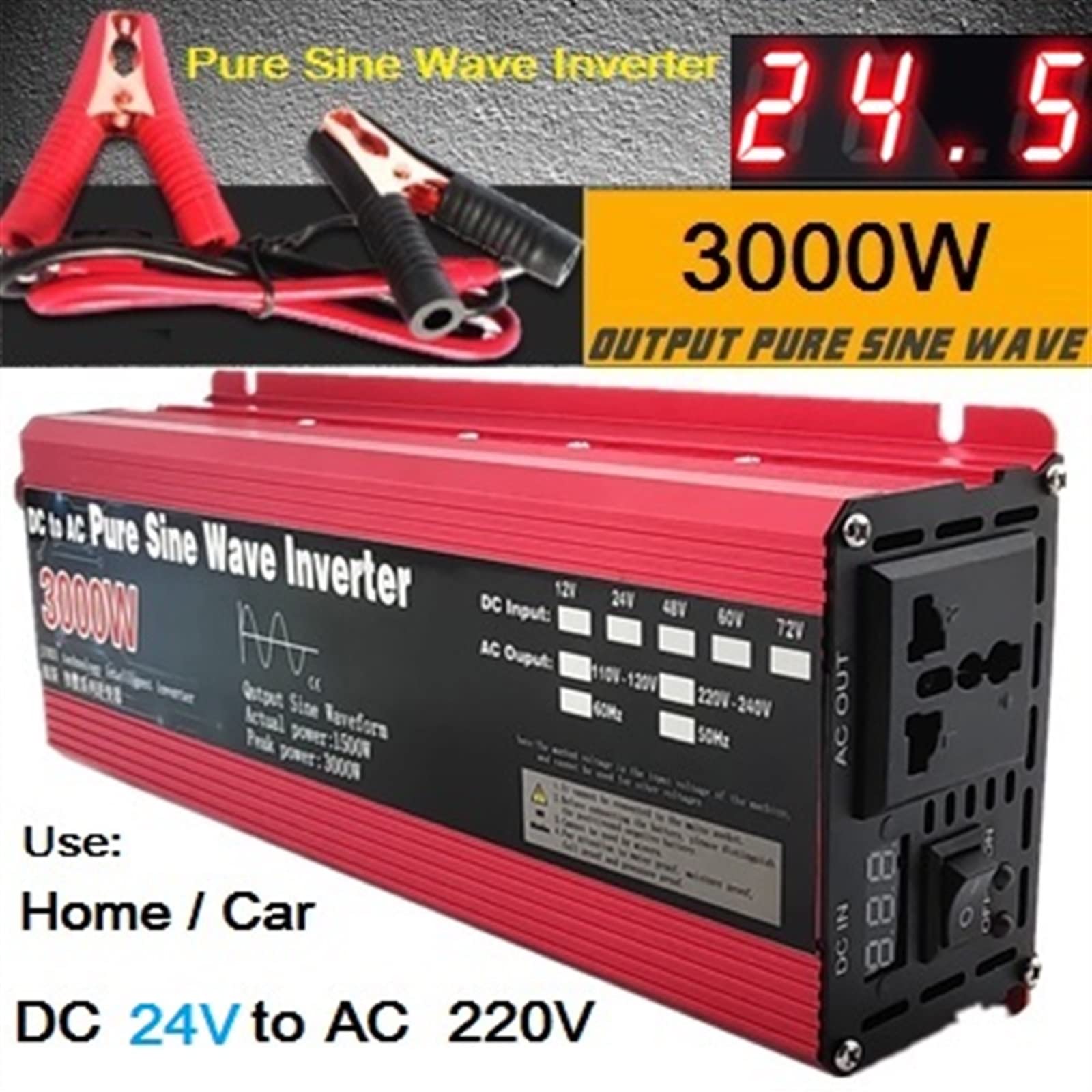 Inversor de Corriente, Inversor de onda sinusoidal pura DC 12v / 24v 1000W 1600W 2000W 3000W Convertidor de banco de energía portátil Inversor solar(3000W 24V,50HZ_1)