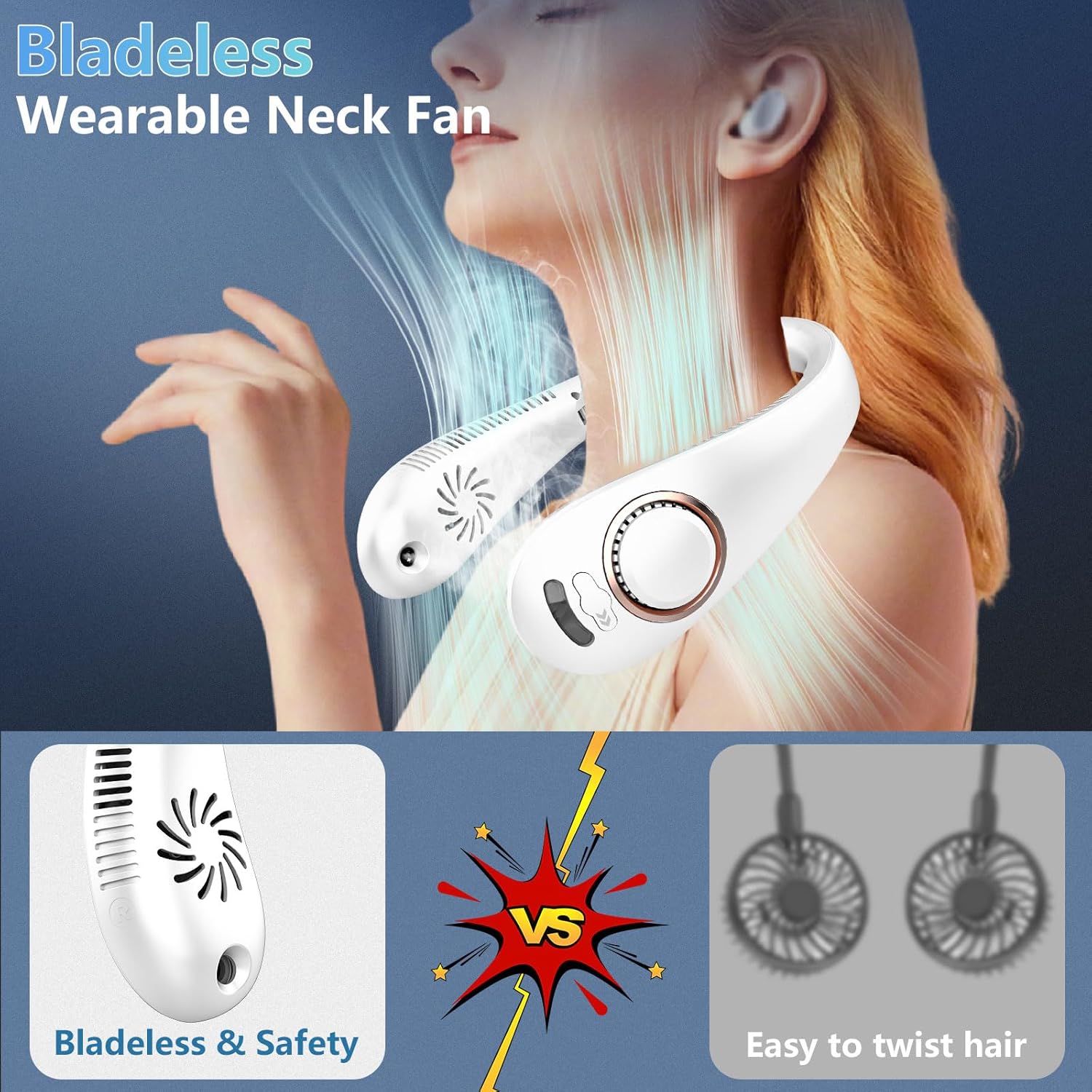 Neck Fan with Mist Spray-Neck Fans that Blow Cold Air,Folding 4000Mah Portable Personal USB Rechargeable Battery Operated Fan with Mister,Cooling Bladeless Travel Misting Fan