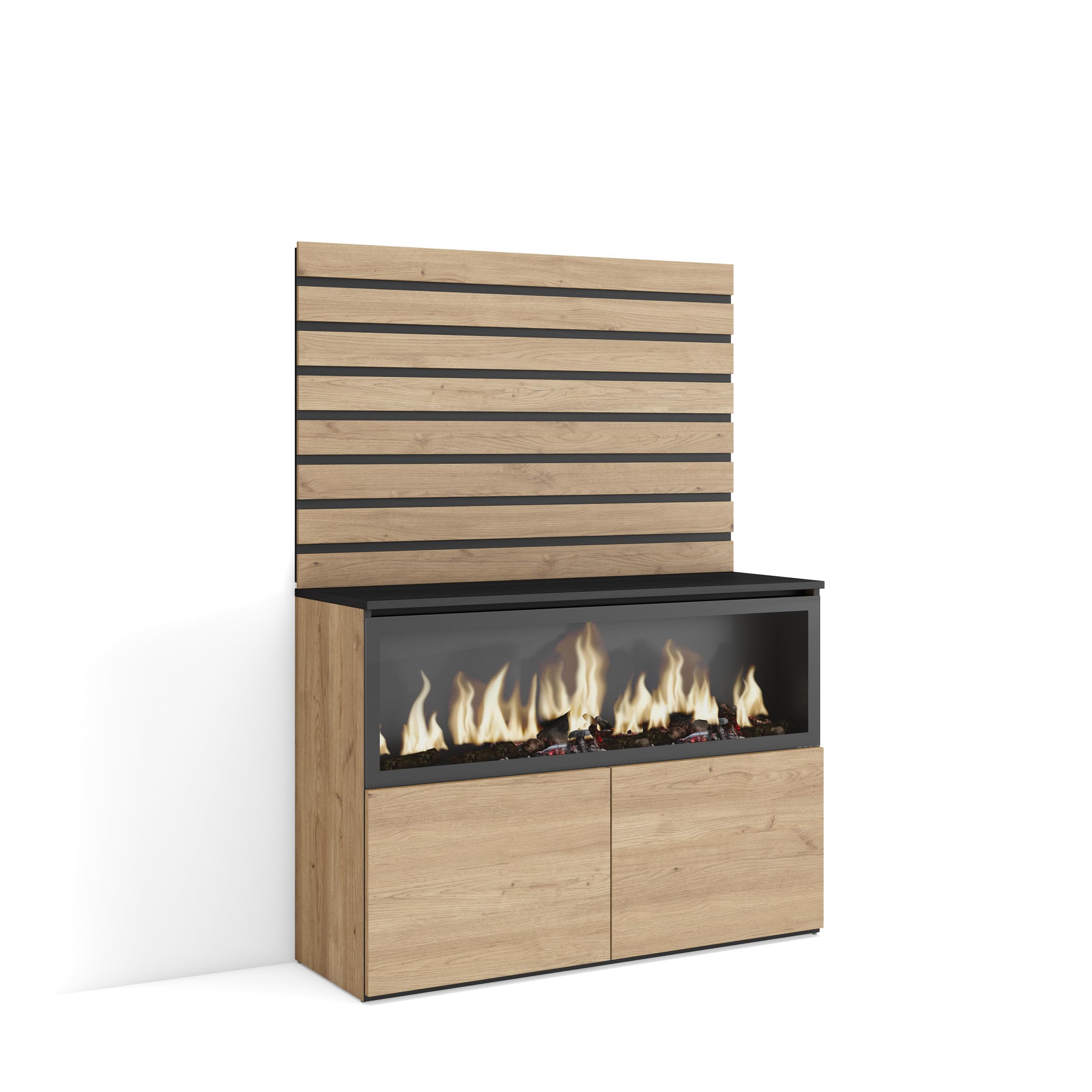 Skraut Home | Aparador | con Almacenamiento | 107x145x35 cm | Dormitorio, habitación | Chimenea eléctrica XXL | Estilo Moderno | Roble