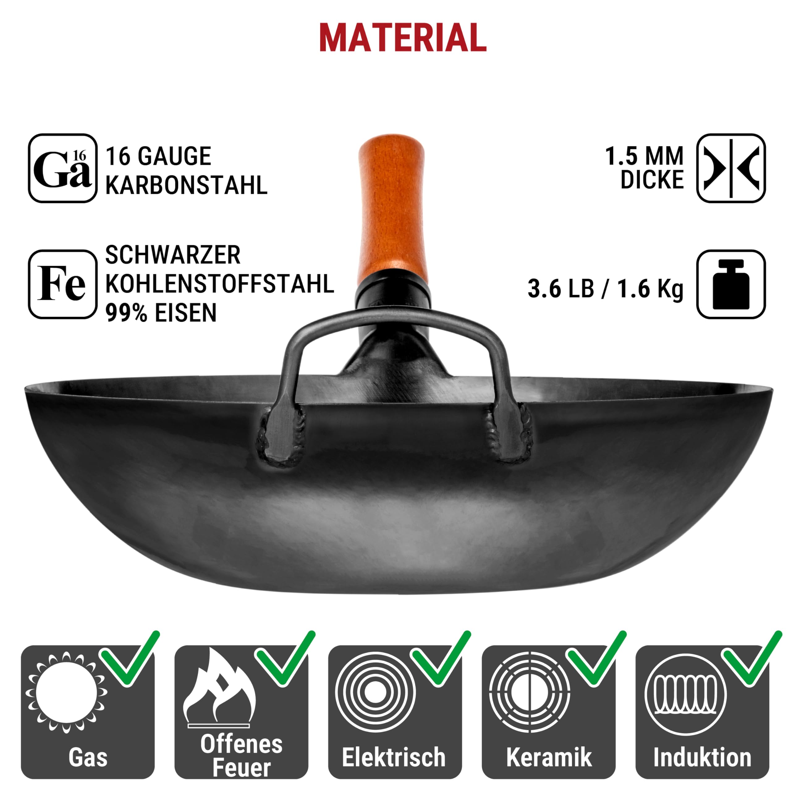 YOSUKATA Karbonstahl Woks & Wokpfannen - 34 cm Voreingebrannter Wok Pfanne Karbonstahl Flacher Boden - Traditionell Wok für induktionsherd - Kompatibel mit Gas- Elektroherden Grill Induktion Feuer