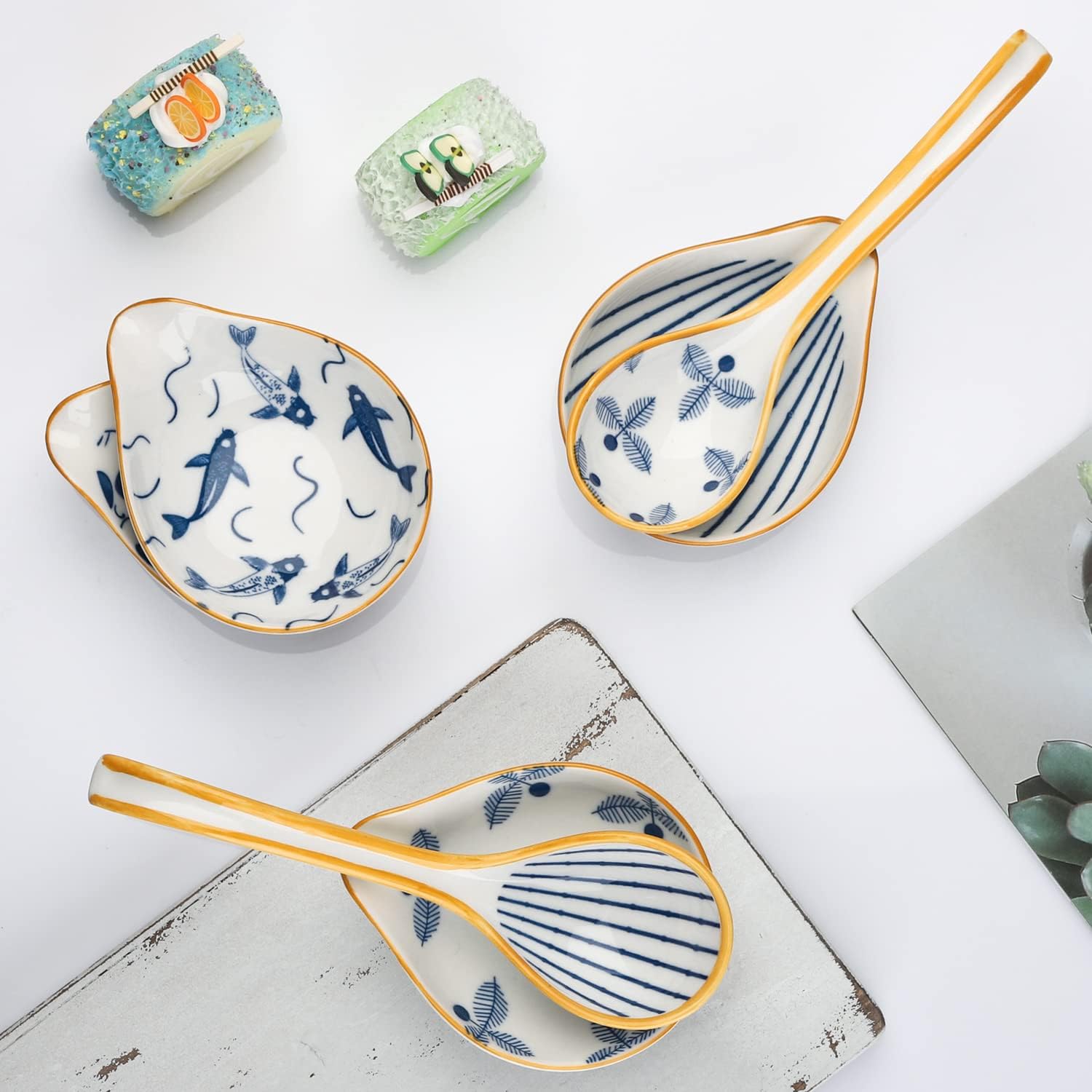 Ceramic Soup Spoons Set of 4 and Spoon Rest for Stove Top Ceramic Spoon Holder Set of 4