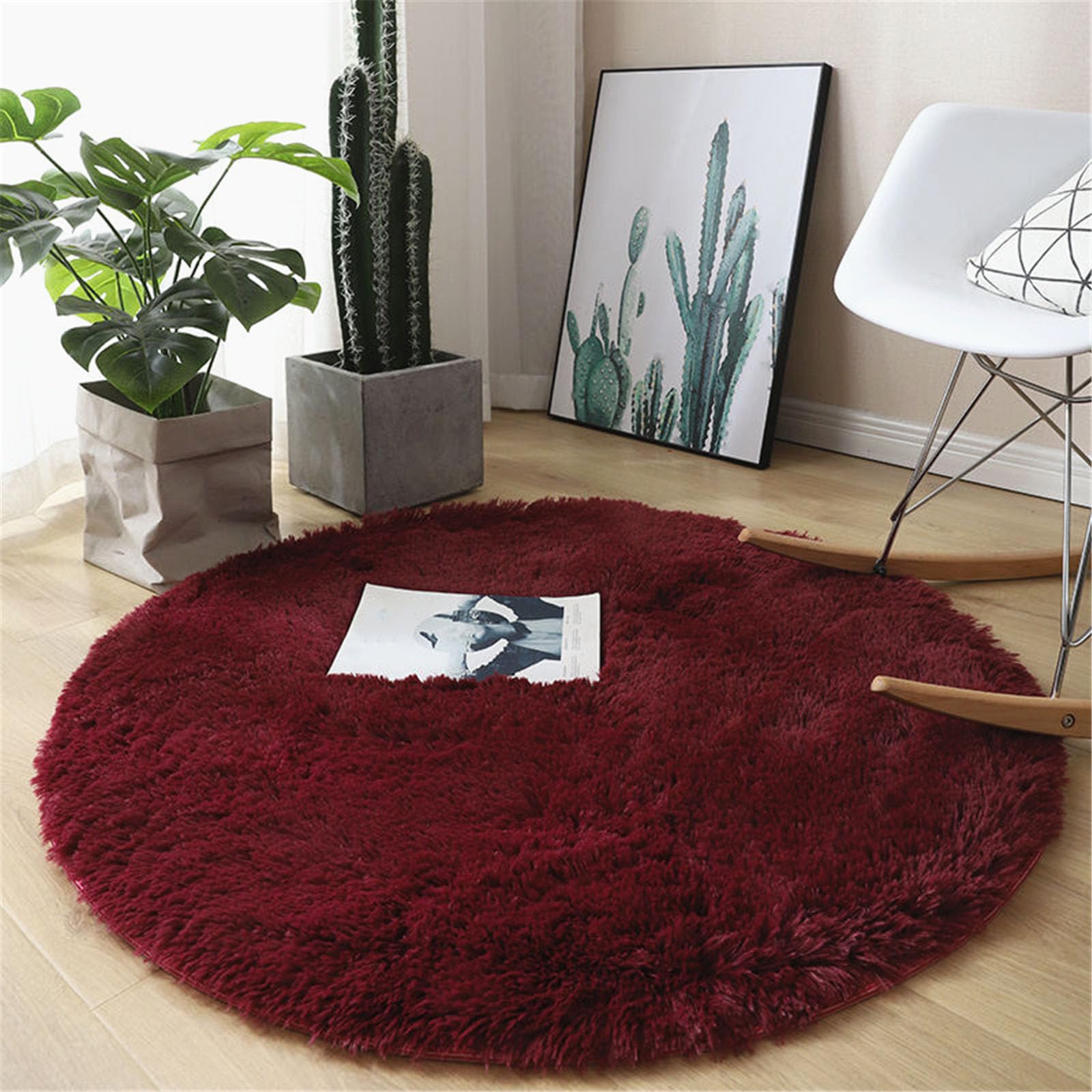 Highdi Tapis Rond 60/80/100/120/140/160/200cm, Tapis de Salon Moderne Shaggy Tapis Chambre Tapis Poils Ras Antidérapant Fluffy Soft Tapis pour Tapis de Rugs Chambre 12 Couleurs (200cm,Bordeaux)