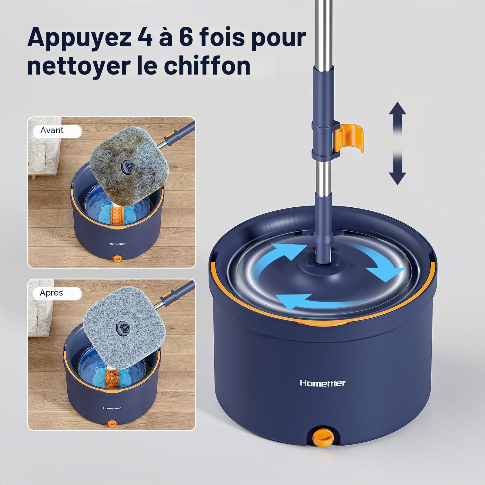 132cm Balai Serpillère avec Seau Essoreur, 2 en 1 Système de Filtre Ssépare la Saleté de l'eau Douce, Serpillere Microfibre pour Sol Fenêtre, Mop Vadrouille de Nettoyage avec 4 Tampons