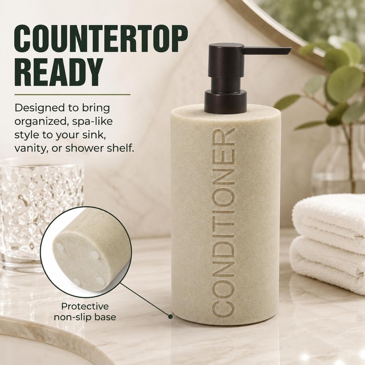 Resin Tan Sandstone Conditioner Engraved Bottle Refillable Pump Dispenser, Durable Waterproof Resin Construction for Bath, Shower - Tan Sandstone ORB Pump image 4