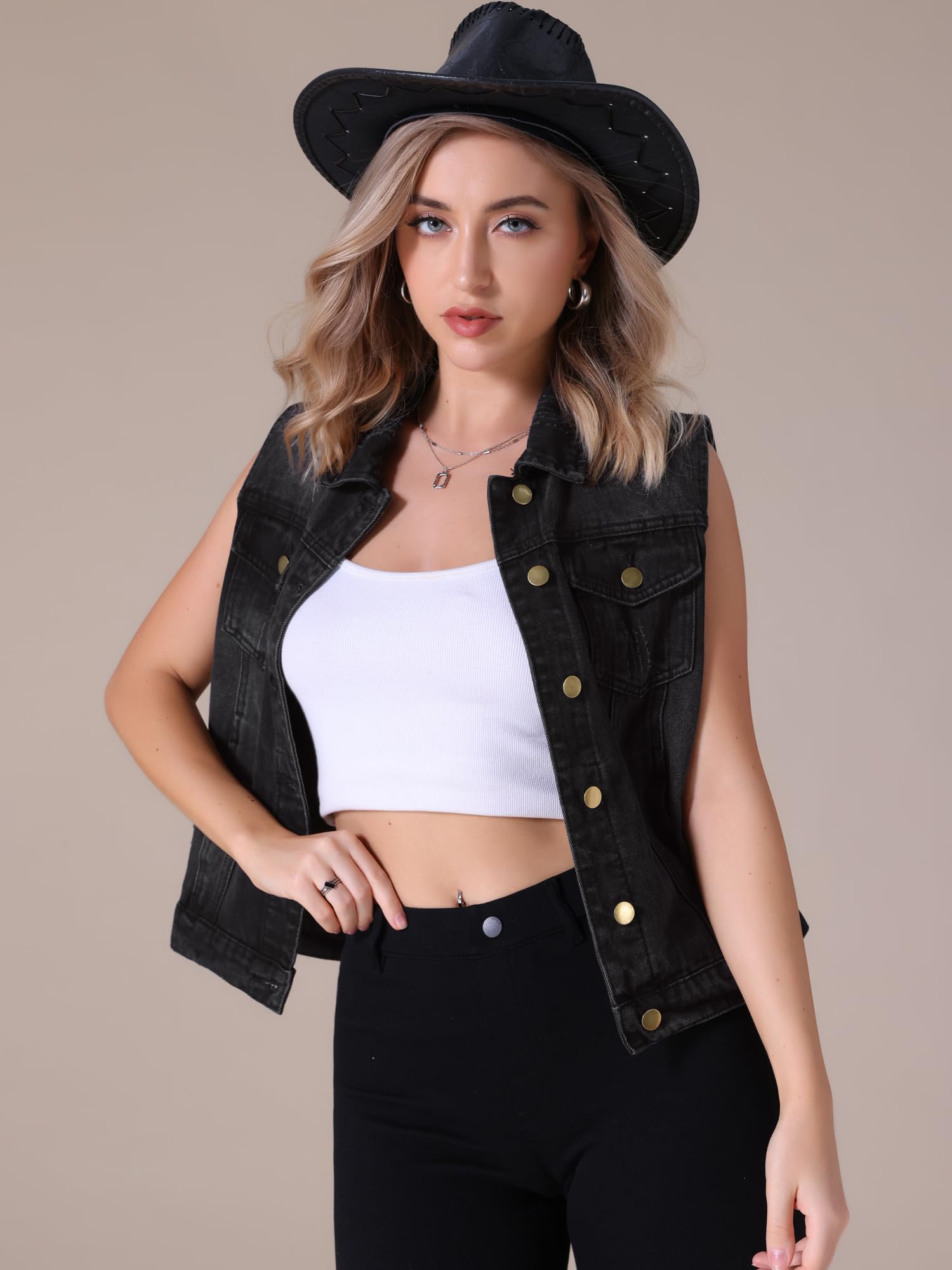 Donna Gilet in Denim con Bottoni Distressed senza Maniche Giacca Jean