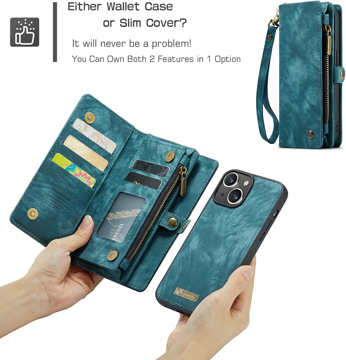 Case for iPhone 13 2021 Genuine Leather Wallet Detachable Magnetic Cell Phone Cover Zipper Purse RFID Blocking Card Slot Holster for iPhone 13 Mini 5.4 inch 2021 (Blue, 13mini)