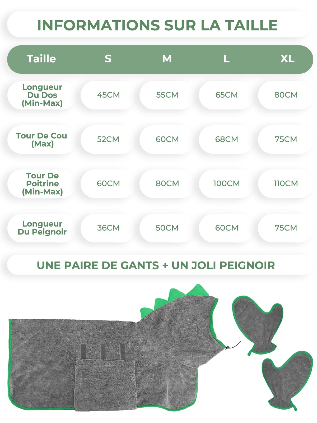 Peignoir pour Chien en Microfibre, Bibykivn Serviette pour Chien Super Absorbante, Lavable Serviette pour Animaux Peignoir de Bain, Réglable Peignoir pour Douche Natation (Gris Vert, XL)