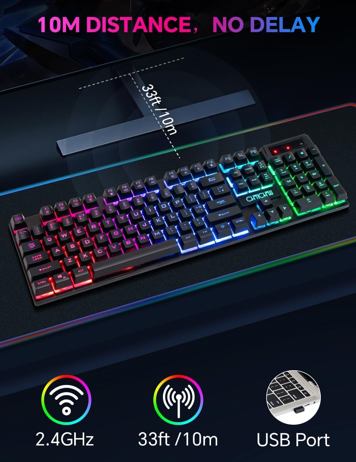 CHONCHOW Wireless Gaming Keyboard, 104 Key Rechargeable Rainbow LED Light Up Wireless Keyboard, for PC PS4 PS5 Xbox One Laptop, Teclado inalámbrico, (G221e)