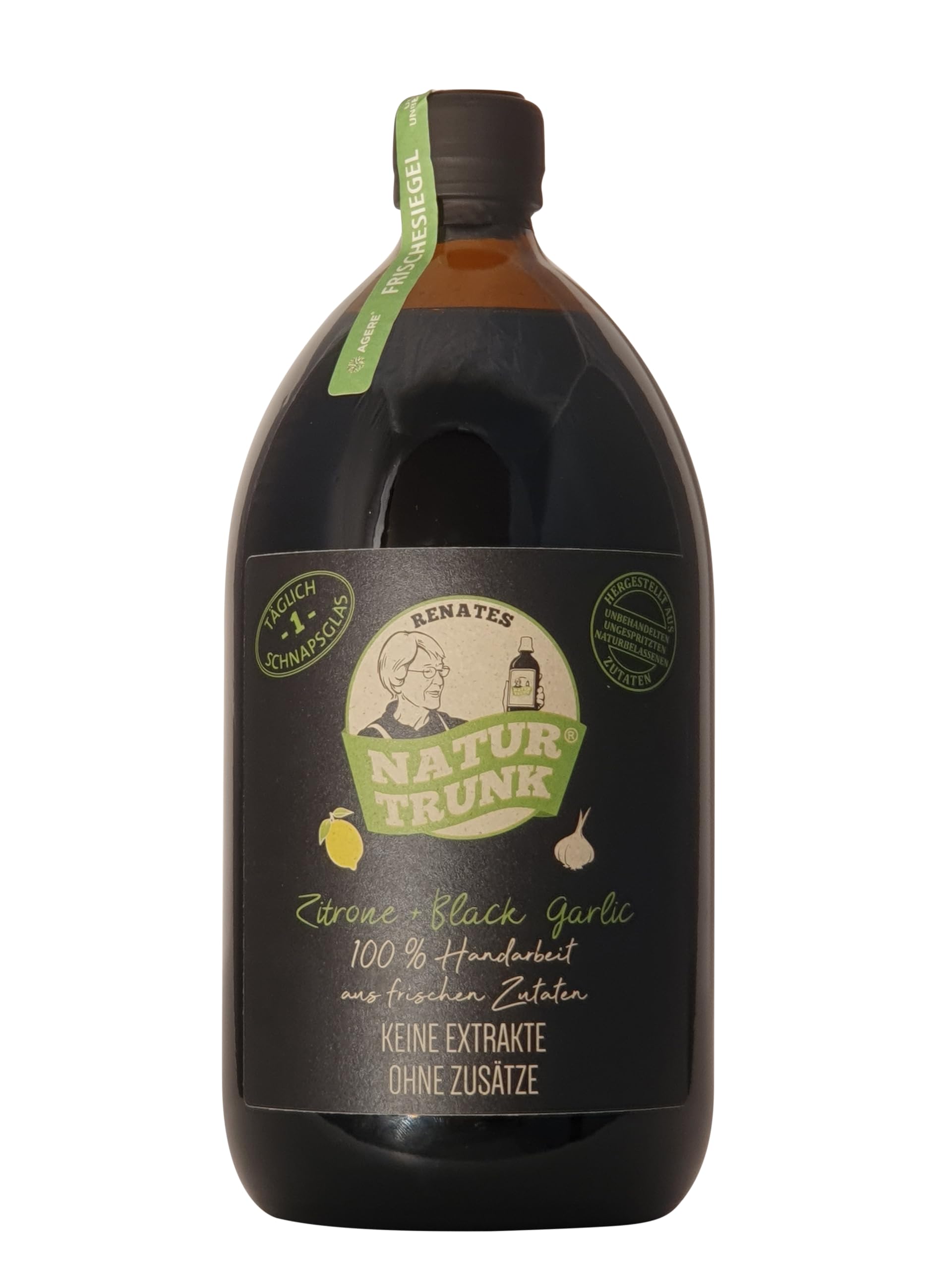 Jetzt 1 Liter! OHNE Konservierungsstoffe! Renates NaturTrunk N° 5 Zitrone + Black Garlic (schwarzer Knoblauch) 1 Liter Medizin-Glasflasche.