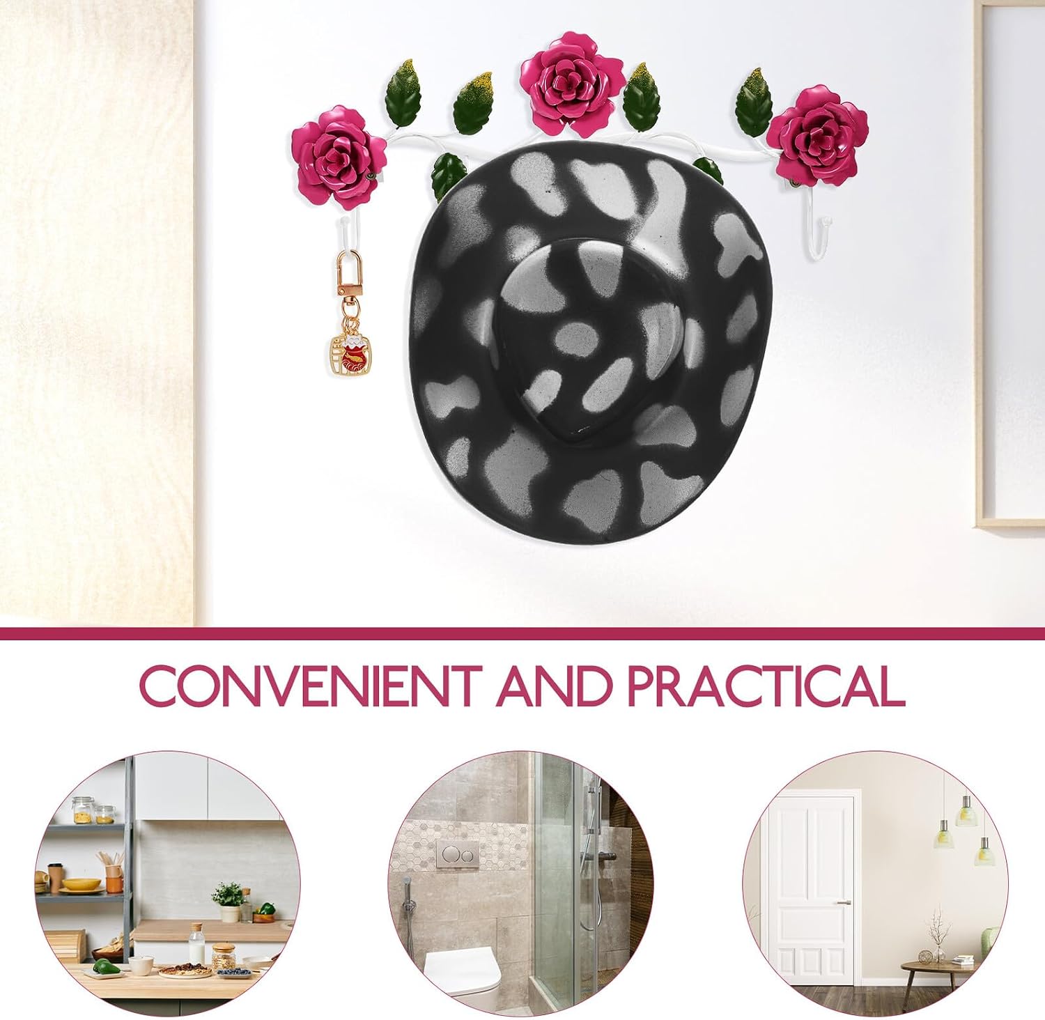 Iron Art Rose Hook Rack Key Hook Rack Floral Pastoral Design for Bags Clothes Towels Hat Storage in Entryway and Bathroom Pink Rose