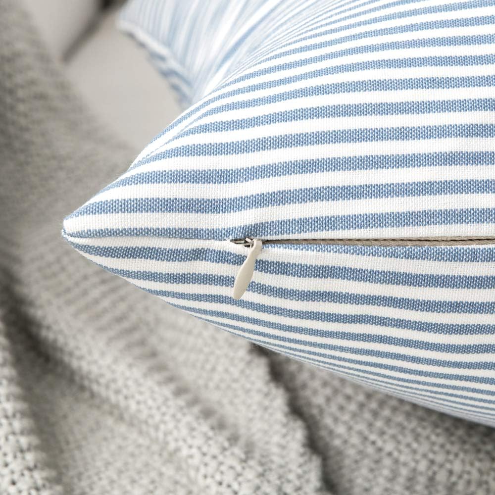 MIULEE Pack of 2 Stripe Boho Throw Pillow Covers Decorative Square Farmhouse Pillowcase Faux Leather Accent Couch Case for Sofa Bedroom Car 18 X 18 Inch Smoky-Blue
