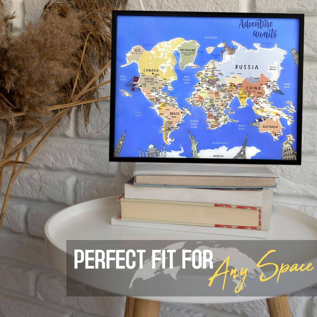flinelife Tablero de pines de mapa del mundo, 17 x 13 pulgadas, mapa de viaje mundial con pines, perfecto para viajeros, parejas, familias o regalo de jubilación