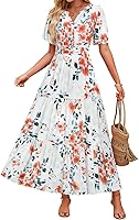 ZESICA Women's Floral Boho Maxi Dress 2025 - Short Sleeve V-Neck A-Line Flowy Beach Vacation Summer Dress
