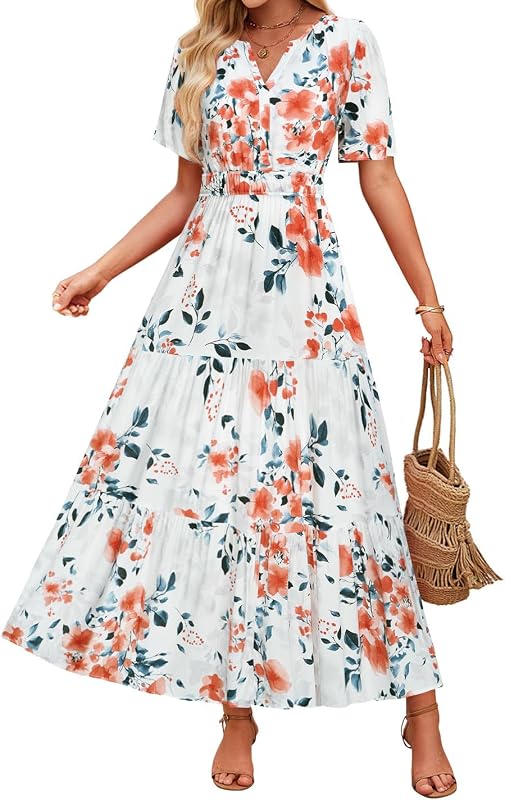 ZESICA Women's 2026 Summer Floral Boho A Line Maxi Dresses | Short Sleeve, V Neck, A Line, Flowy, Elastic Waistband, Beach Vacation Dress, Modest Casual Dresses, Fashion Outifts