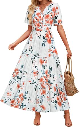 ZESICA Women's 2026 Summer Spring Floral Boho Maxi Dress, Short Sleeve V-Neck, A-Line Flowy Beach Vacation Dress