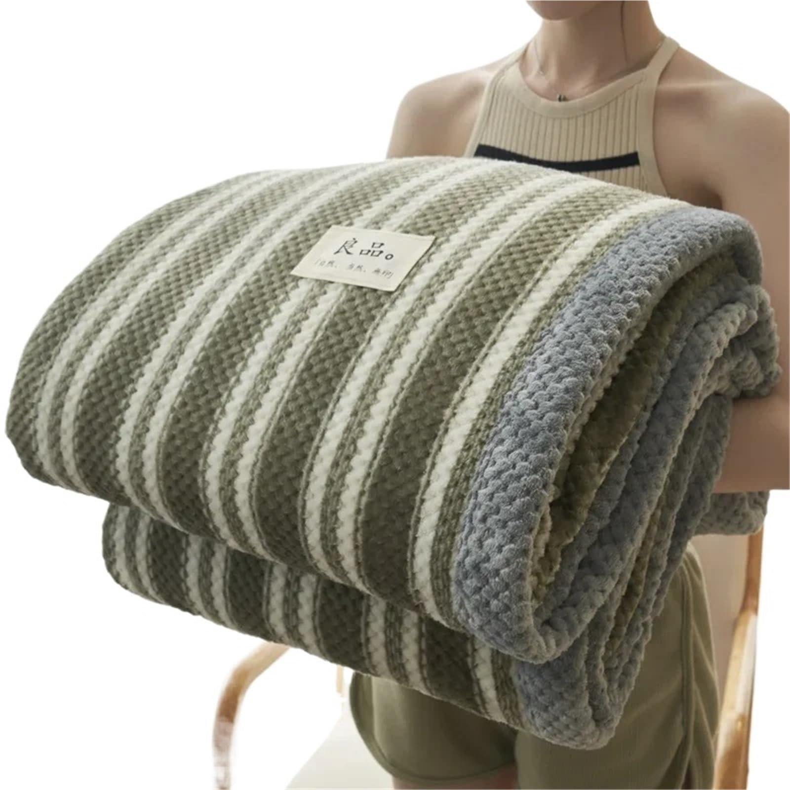 Bedspread Soft Chenille Knitted Blanket Machine Washable for Couch Bed(Green Stripe,120x200cm 0.9kg)