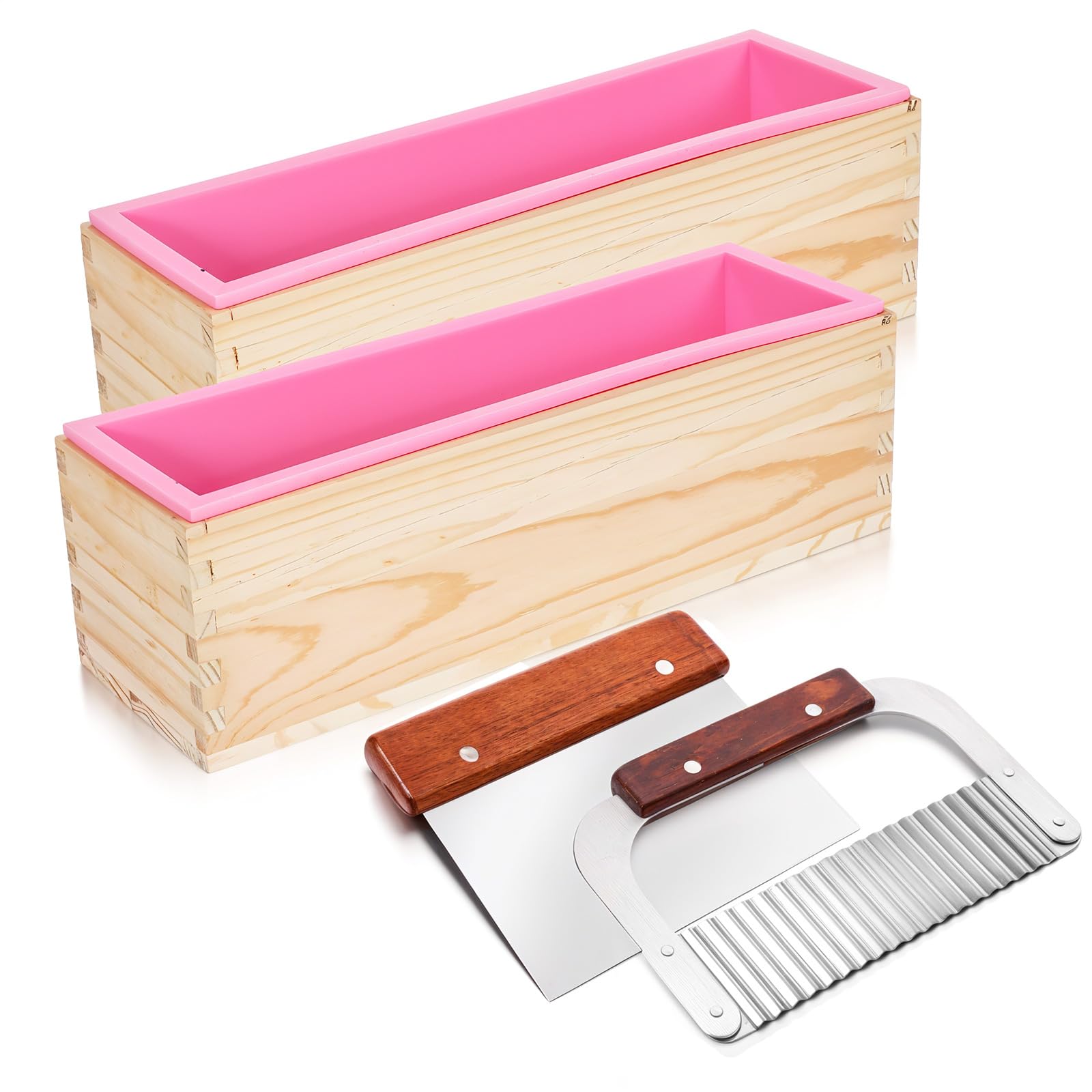 Lot de 4 moules à savon rectangulaires avec emporte-pièces – Moule à savon flexible en silicone avec boîte en bois, grattoir ondulé et droit en acier inoxydable pour fabrication de savon fait maison