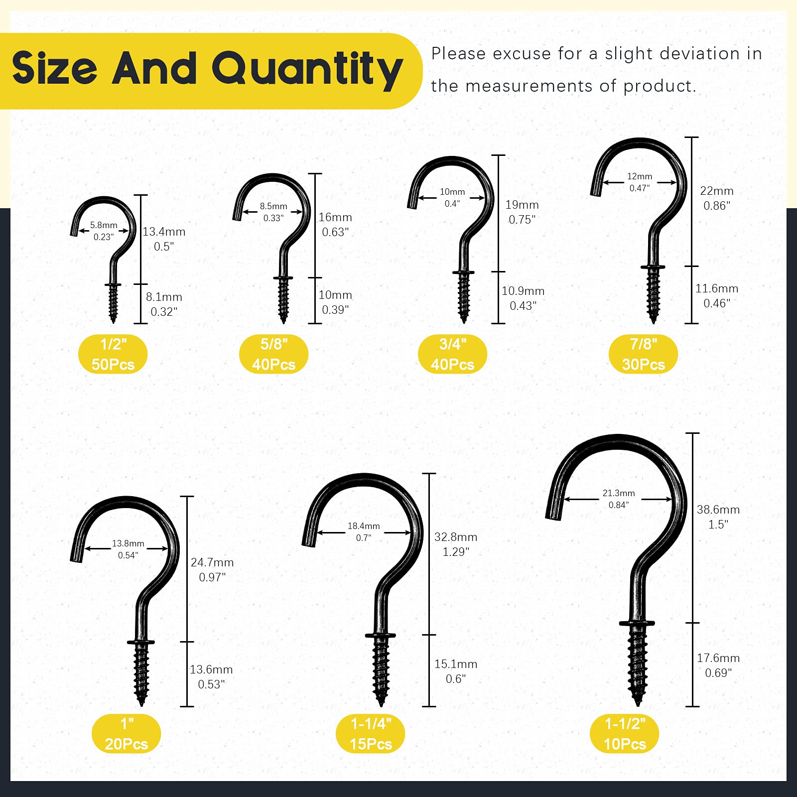 Mardatt 205 Pcs 7 Sizes Metal Hanging Hooks Kit Black Screw in Cup Hooks Light Hooks, Wall Ceiling Hook Hanger - Image 2
