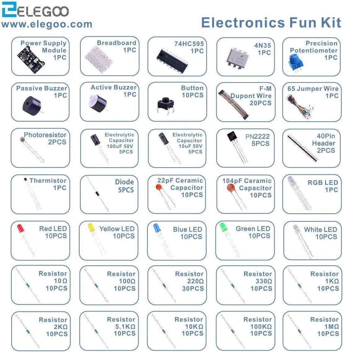Elegoo EL-CK-002 Electronic Fun Kit Bundle with Breadboard Cable Resistor, Capacitor, LED, Potentiometer (235 Items)