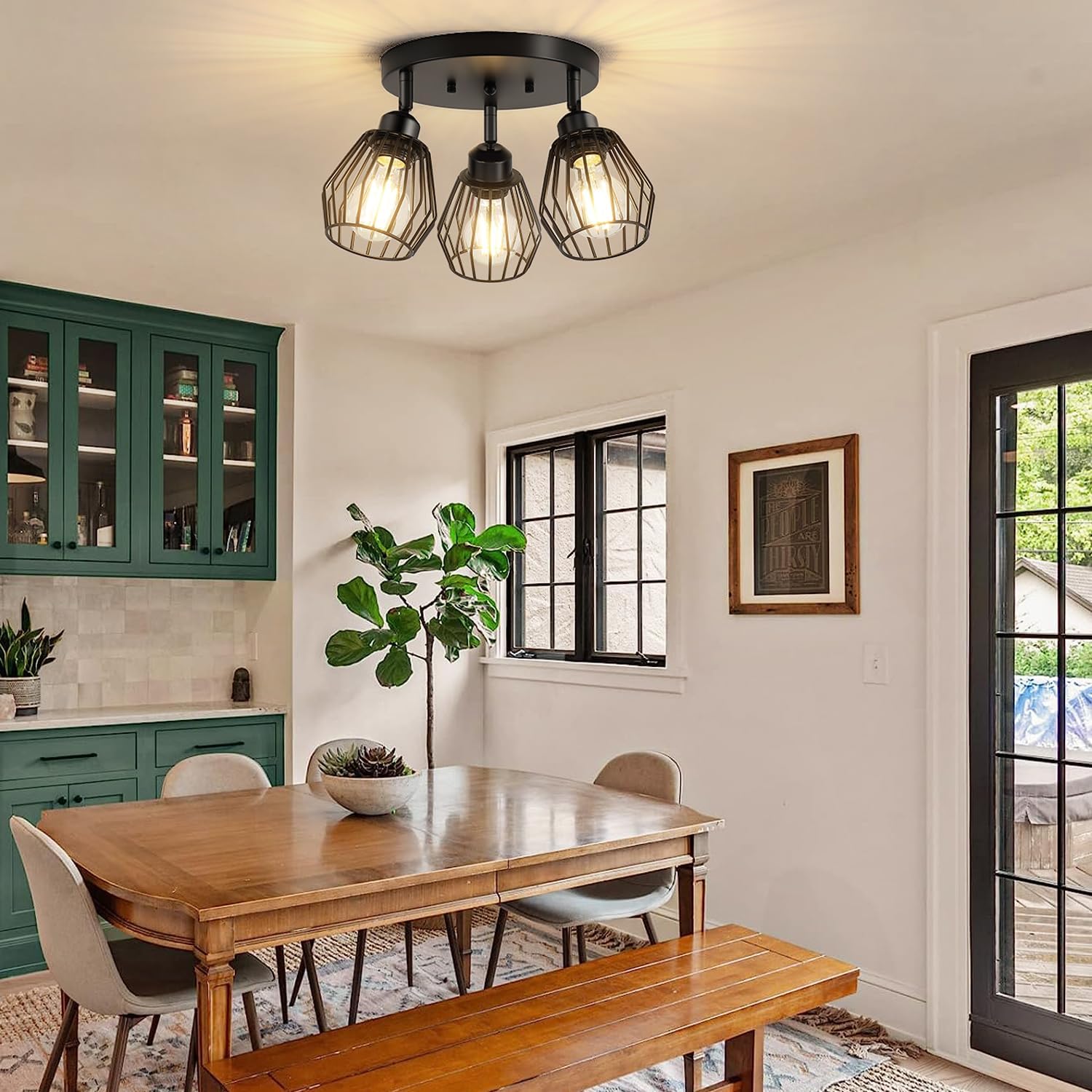 3-Light Kitchen Light Fixtures Ceiling Mount, Adjustable Multi-Directional Farmhouse Black Metal Cage Flush Mount Ceiling Light Fixtures for Hallway Dining Room Entryway