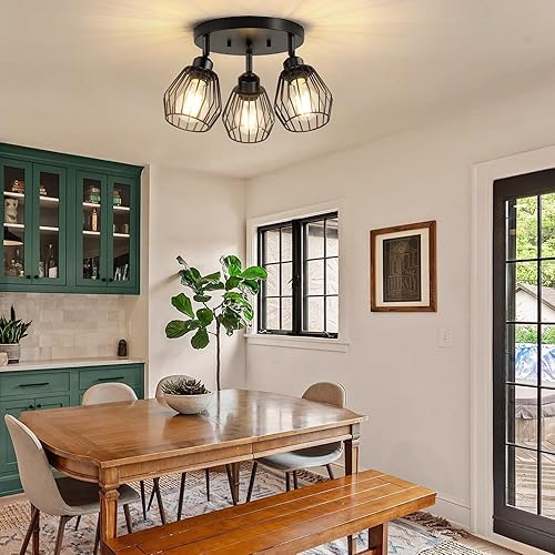 Miniatura 6 de Lámparas de cocina de 3 luces, montaje en techo, ajustable, multidireccional, jaula de metal negro, montaje empotrado, para pasillo, comedor, entrada