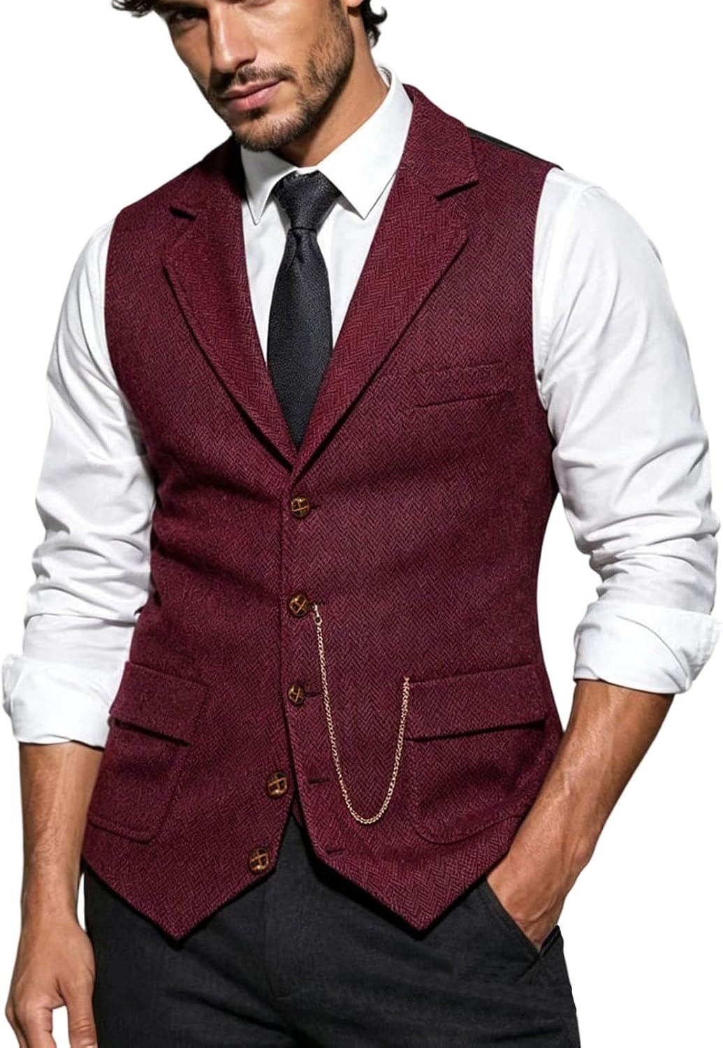 Men's Herringbone Vest Lapel Button Front Vintage Chain Waistcoat