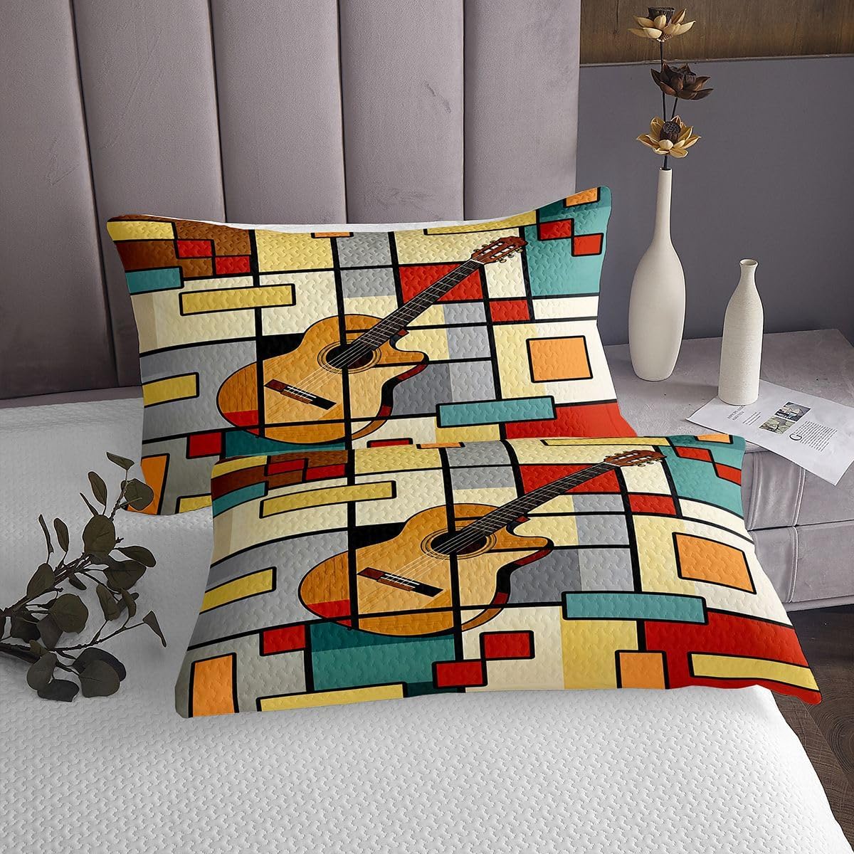 jejeloiu Guitar Bedspread Twin Size Rock Music Coverlet Set Geometric Quilted Coverlet for All Season with 1 Pillowcase Guitar Instruments Microfiber Lightweight