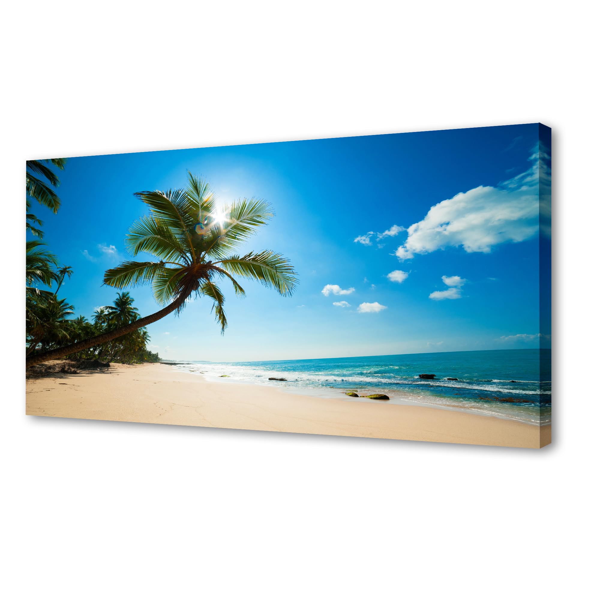 View 1 of **3 BOX CUTS ON LEFT SIDE***Muolunna ARX0698 Large Canvas Wall Art Summer Ocean Waves Prints Coconut Trees Beach Seascape Painting Hawaii Sea Nature Pictures Stretched and Framed for Living Room Home Office Wall Decor