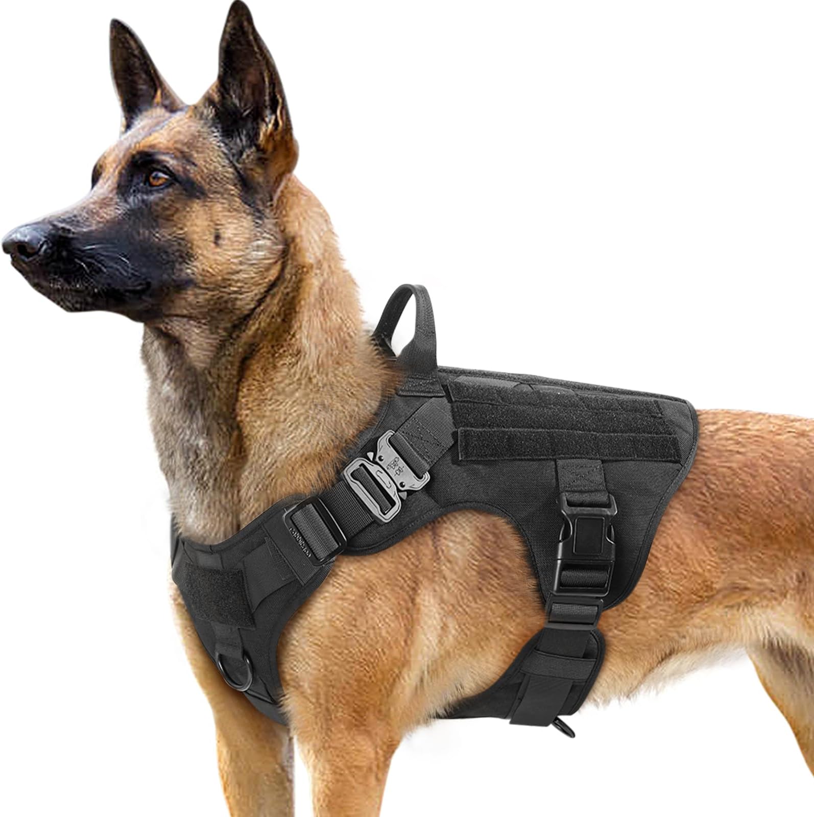 rabbitgoo Dog Harness Large Dog, Anti pull Vest Harness with Tactical MOLLE Panel, Metal Buckles, Front Back Clips, Control Handle, Adjustable Military for Training Walking Service Pet, L, Black