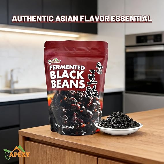 Apexy Premium Fermented Black Beans, Douchi, Authentic Asian Recipes Natural and Flavorful, Traditional Asian Seasoning & Ingredient, Gourmet Quality-Perfect for Asian Cuisine & Flavorful Dishes 16oz