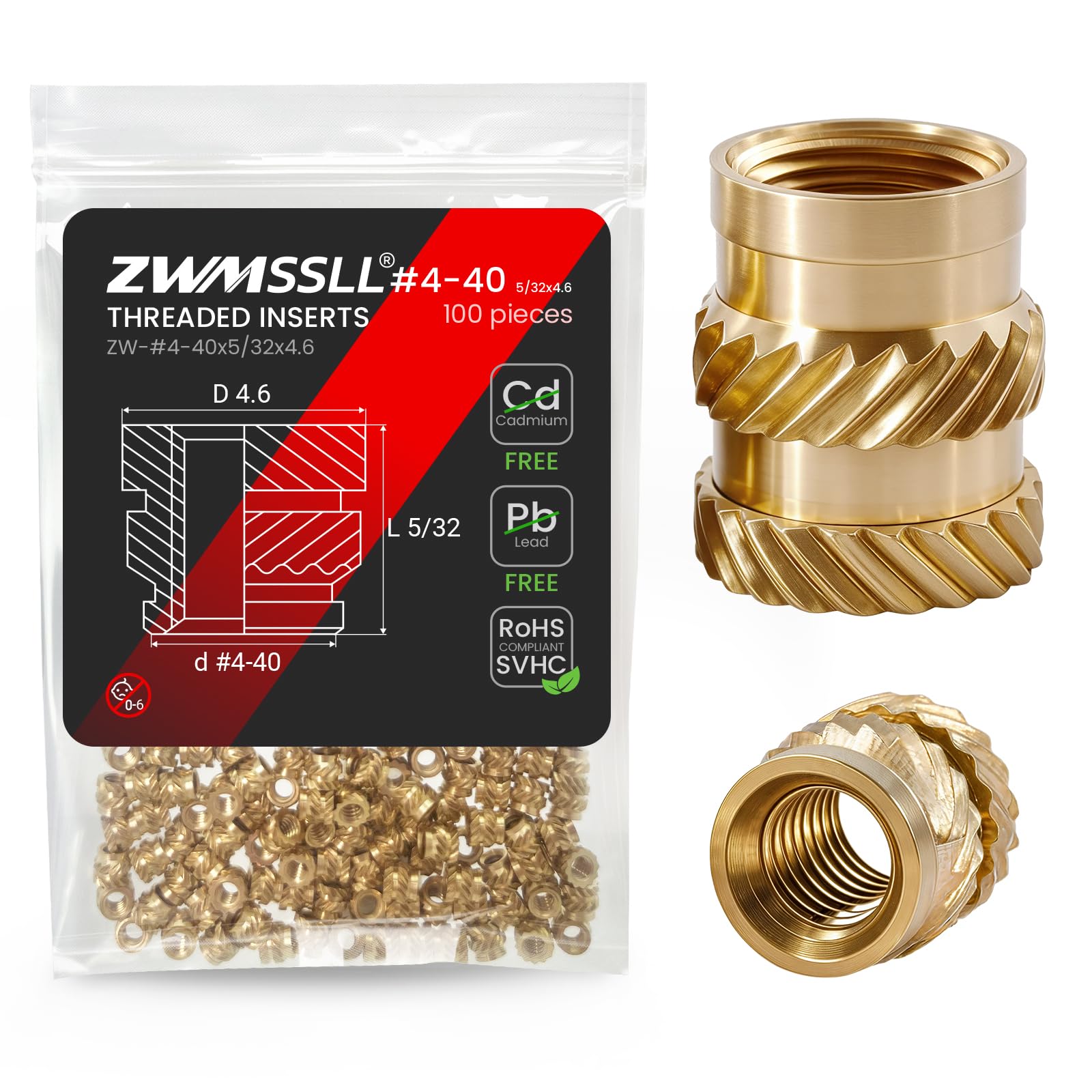 ZWMSSLL #4-40 Heat Set Threaded Inserts,100 Pieces 4-40x5/32x4.6-Inches Brass Heat Set Insert for Plastic Parts,UNC knurled Nuts,Insert by Heat into 3D Printing Components — image 1