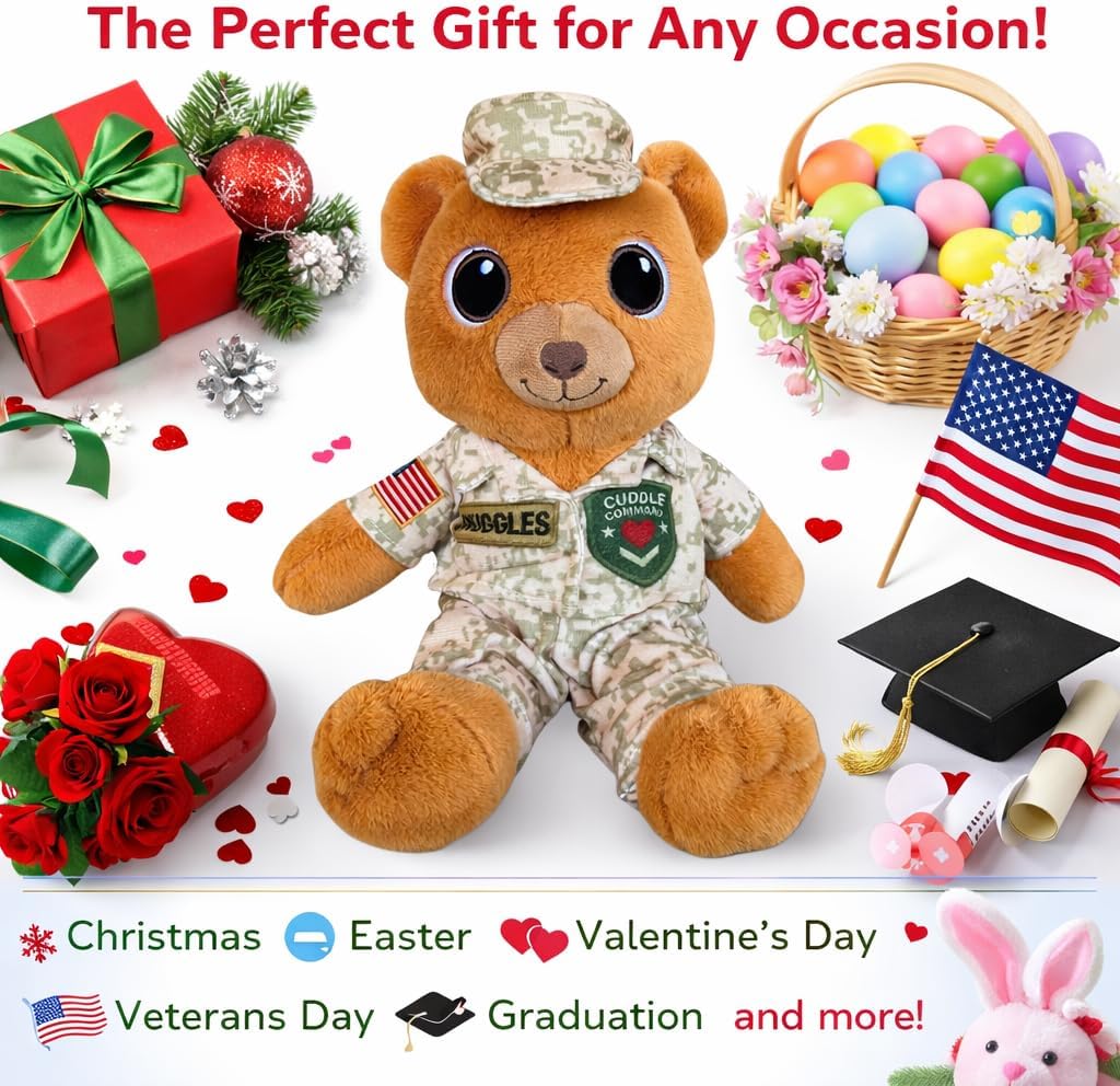 Sergeant Snuggles Military Teddy Bear Plush 10-Inch Soft Camo Stuffed Animal, Comfort Bedtime Toy & Thoughtful Gift for Kids & Military Families