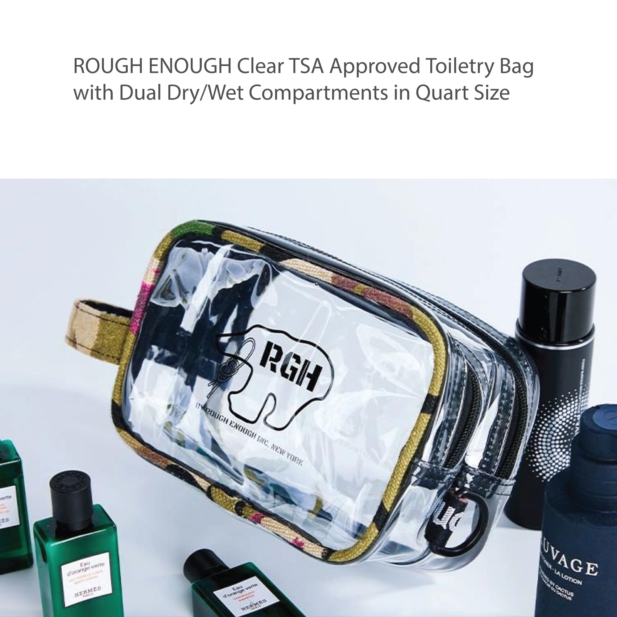 Rough Enough TSA Approved Clear Toiletry for Women Cosmetic Men Shaving Kit Bag Organizer Carry On Travel Essentials with Dry Wet 2 Compartments Quart Size Camo