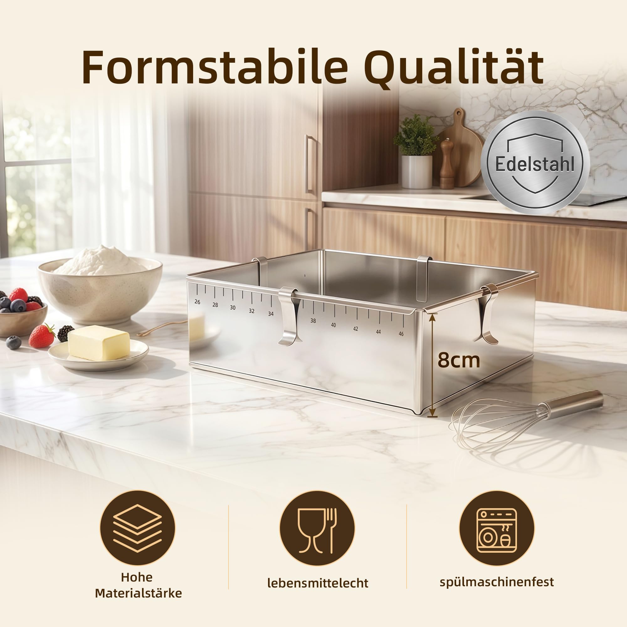ICARE Backrahmen rechteckig verstellbar 8 cm hohe - Edelstahl Backform | Kuchenform eckig mit 4 Klammer für Schichttorten, Torten & Desserts – Zerlegbarer Tortenring eckig zum Backen