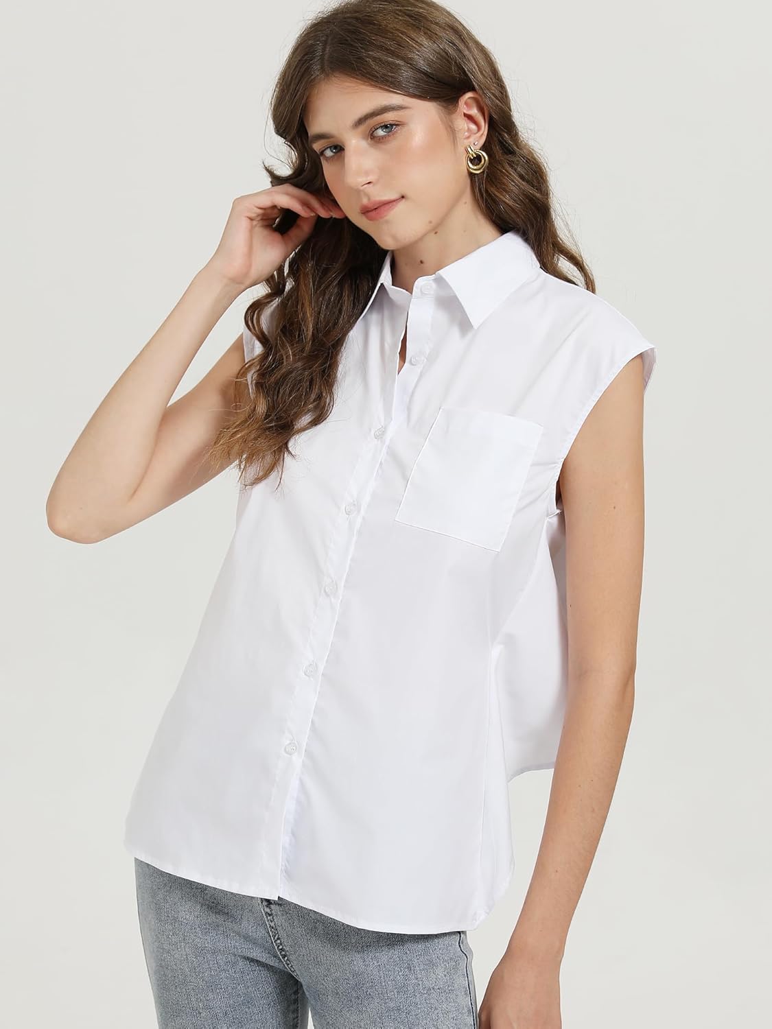 SUNNOW Women's Sleeveless Open Tie Back Shirt Collared Vest Tailored Tank Tops Button Down Blouse - Image 3
