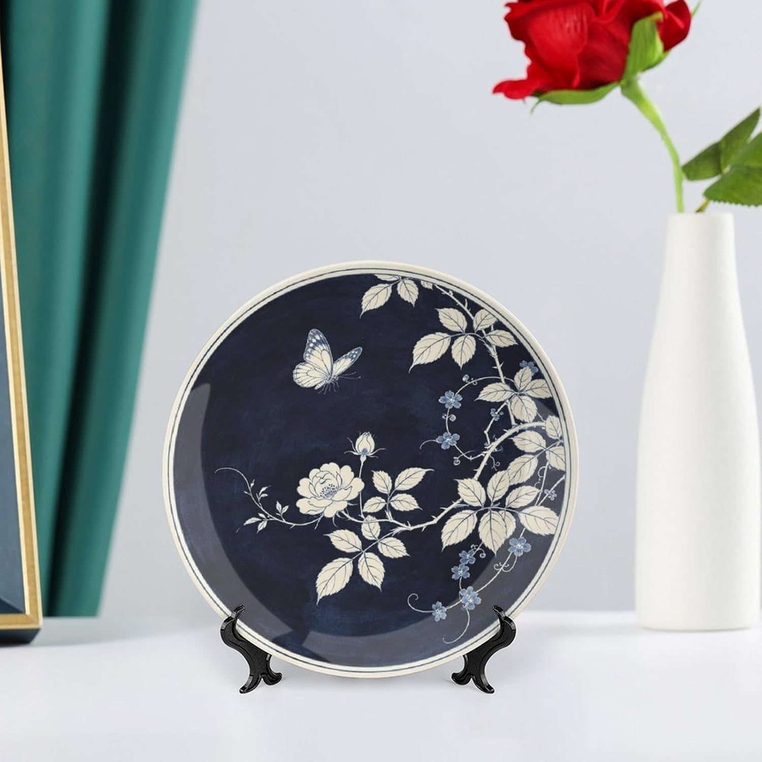 Blue White Porcelain Decor Plate, Plum Branches with Butterflies for Elegant Living Space Bone China Decorative Plate, 7inch Wall Art Home Decor