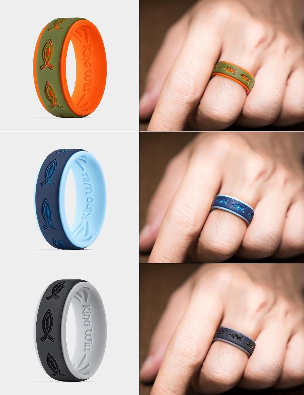 King Will 8mm Width 2.3mm Thick 3 Pack Silicone Wedding Ring for Men Women, Pattern Lasered Hypoallergenic Flexible Rubber Band Ultra-thin and Breathable, Comfort Fit for Active Lifestyle Gym Workout