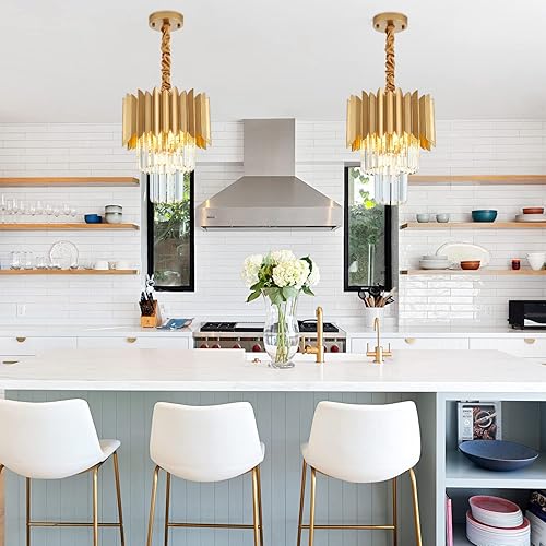Miniatura 6 de Lámpara colgante de cristal dorado de 11 pulgadas, 4 luces de 3 niveles de lujo, lámpara colgante de cristal perfecta para comedor, dormitorio,