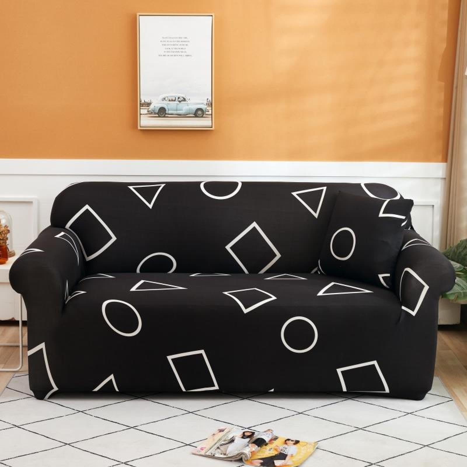 2 Seater Sofa Cover Black Geometry Stretch Sofa Covers Spandex Settee Covers 2 Seater Washable Sofa Protectors from Pets Non Slip Covers for Sofas All Seasons Couch Cover with Elastic Strap
