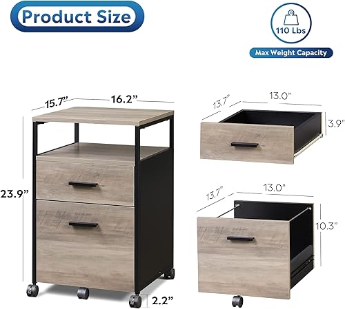 Miniatura 3 de DEVAISE Archivador de 2 cajones, soporte para impresora móvil con estante de almacenamiento abierto, archivador de madera para tamaño A4 o carta