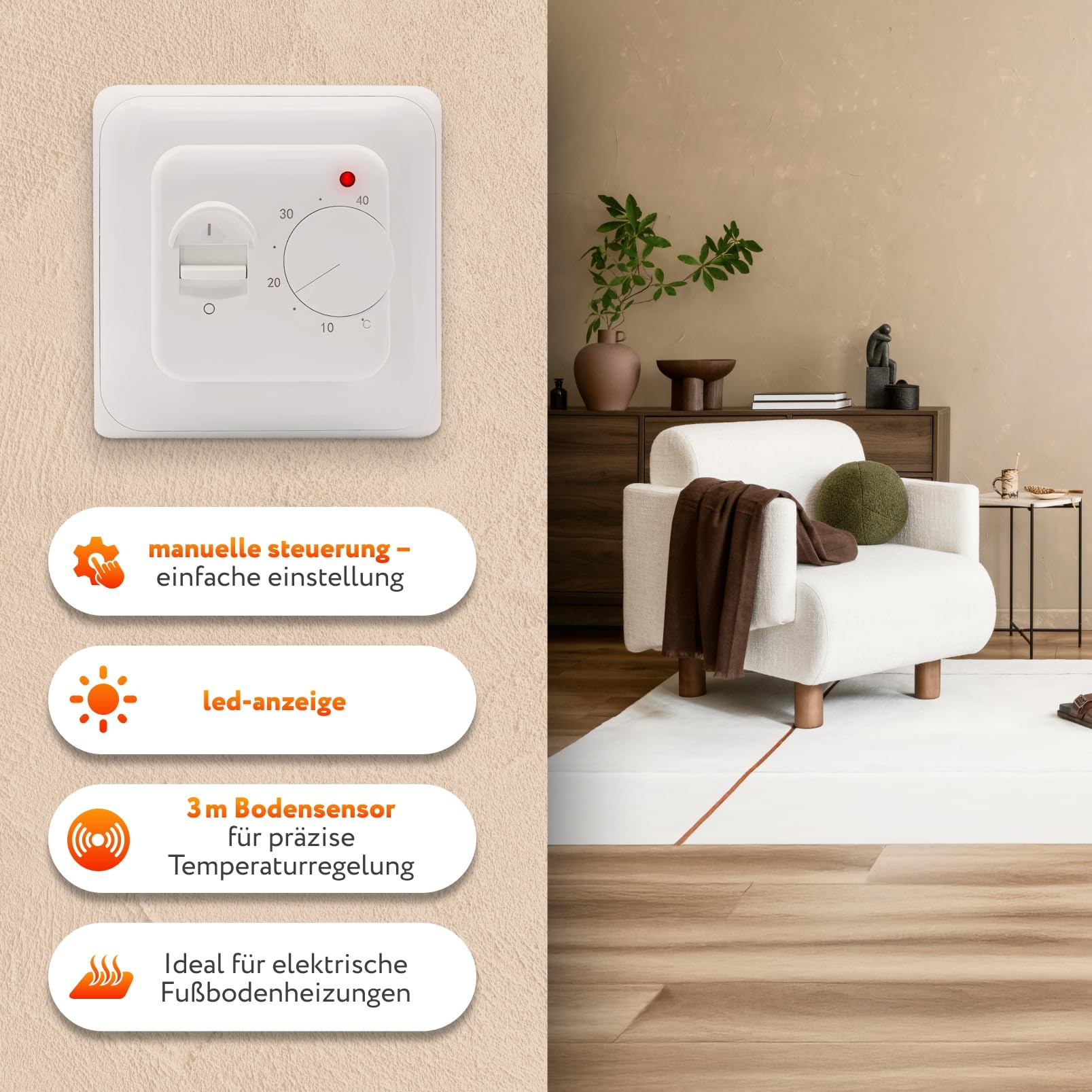 Elektryczne ogrzewanie podłogowe do płytek: mata grzewcza WARMON ULTRA 200 W/m² z termostatem pokojowym TS 25 analogowy, rozmiar maty: 4 m²