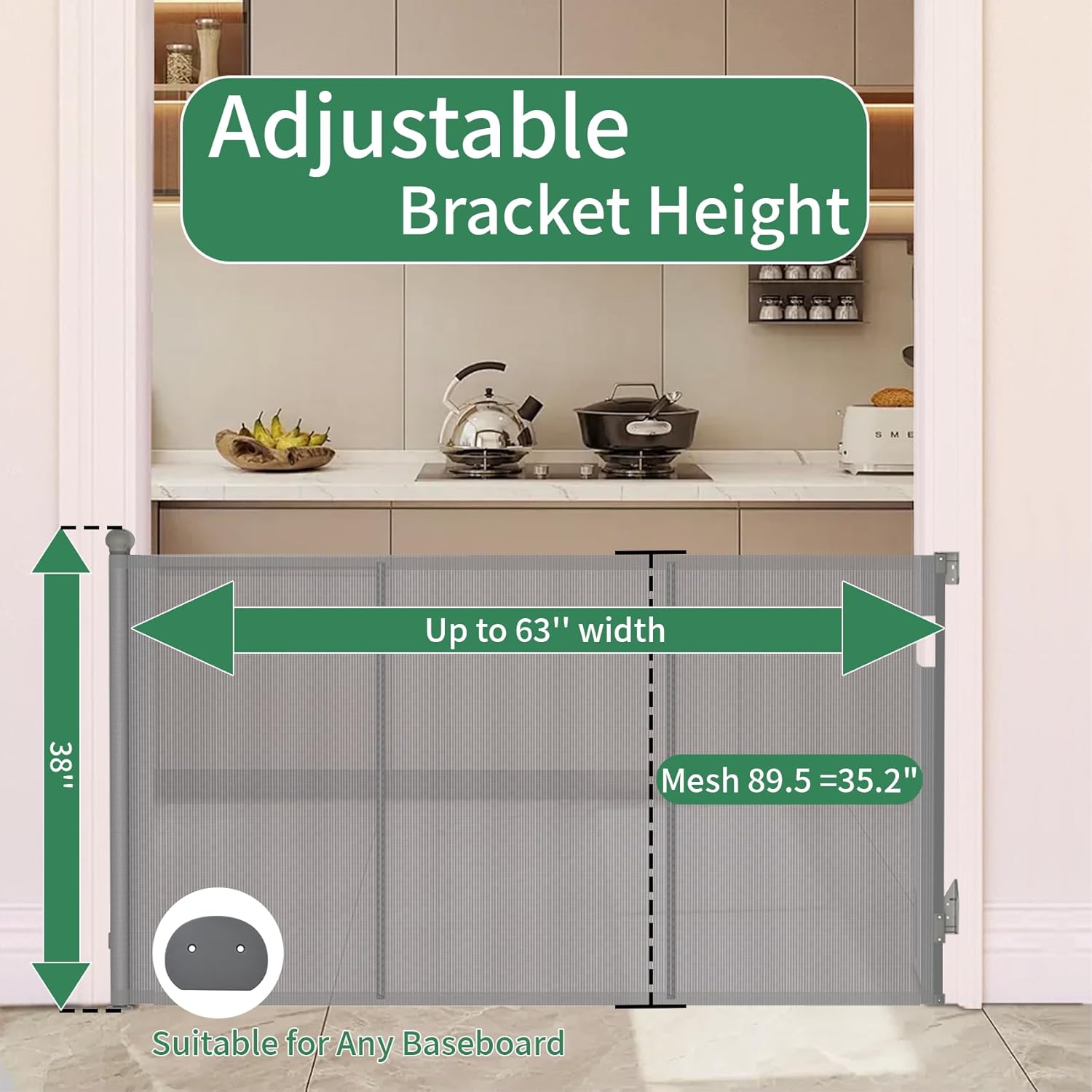 Reinforced Retractable Baby Gate, Extra 38" Tall, Extends up to 63" Wide, Hardwared Installation Mesh Gate for Stairs, Dog Gate, Child Pet Gate for Stairs, Doorways, Hallways, Indoo (Gray)