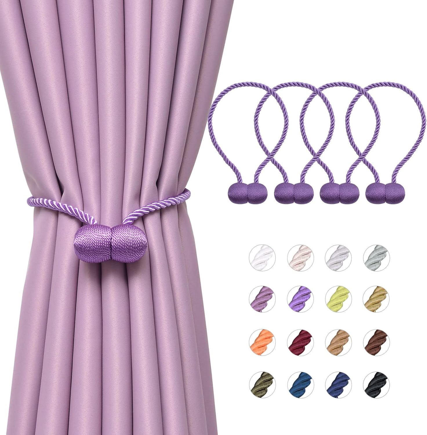 NICEEC 4 Pack Upgrade Magnetic Curtain Tiebacks 16 Inch Handmade Weave Rope Curtain Holdbacks Convenient Decorative Round Curtain Drape Tie Backs for Home & Office Window Drapery (Blue Violet)