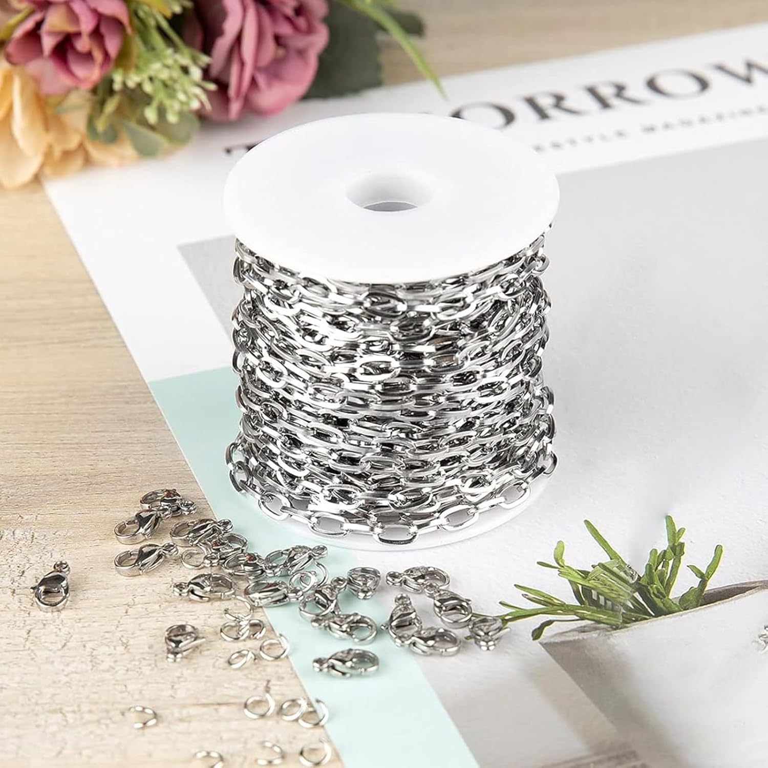 Kyutong 32.8 Feet Flat Oval Paperclip Jewelry Chain Link Silver Stainless Steel Chain Necklace Long Crafting Chains with Lobster Clasps and Open Jump Rings - Image 6