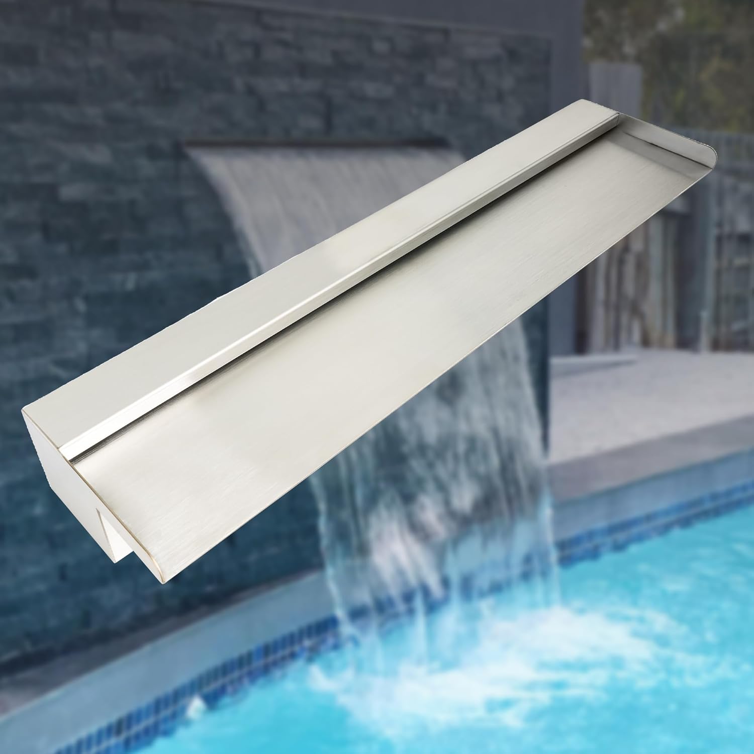 12 Inch Pool Fountain 304 Stainless Steel Waterfall Spillway with Pipe Connector Kits, Wider Water Flow Sheer Descent Platform Water Feature Fountain for Swimming Pool, Outdoor Garden Decor